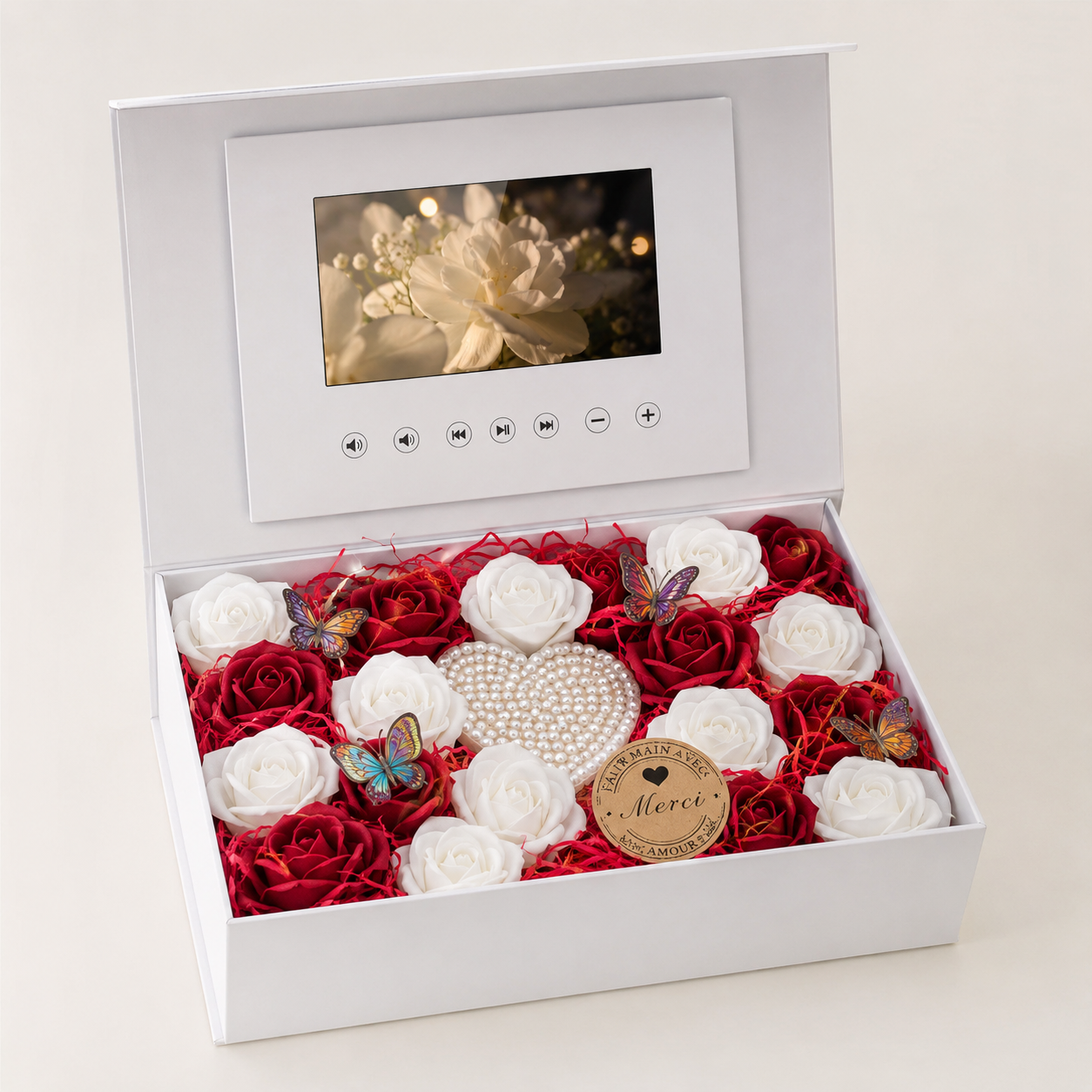 Coffret Momentia blanc avec écran vidéo, roses et décoration personnalisée
